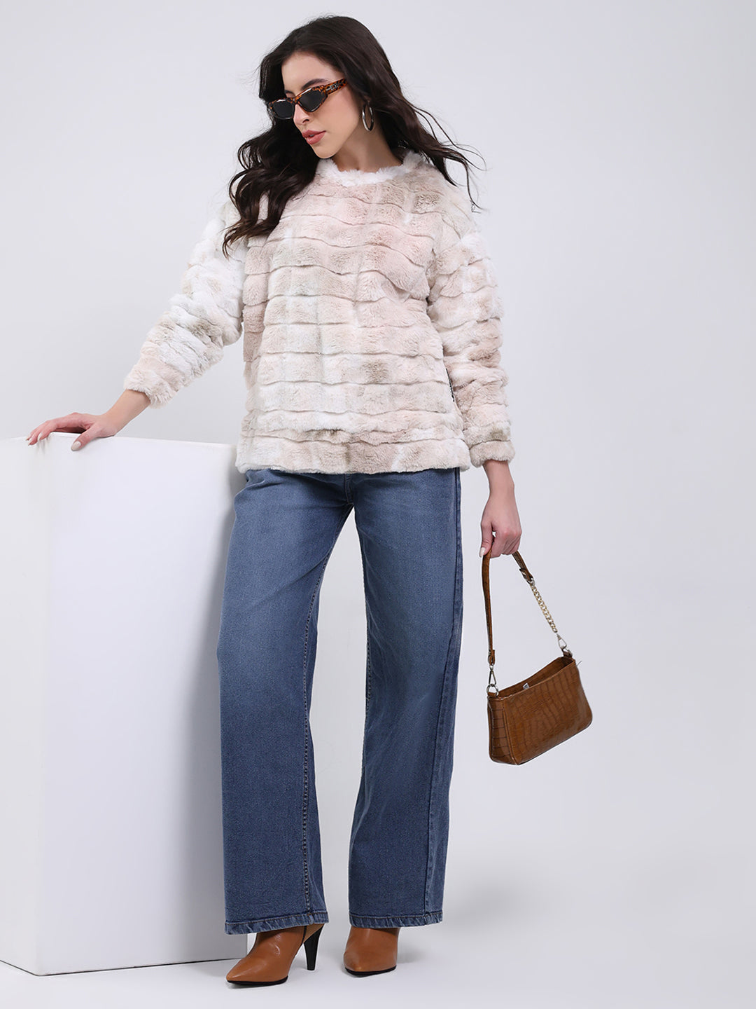 Rock.it Women Beige Self Design Round Neck Full Sleeve Sweatshirt
