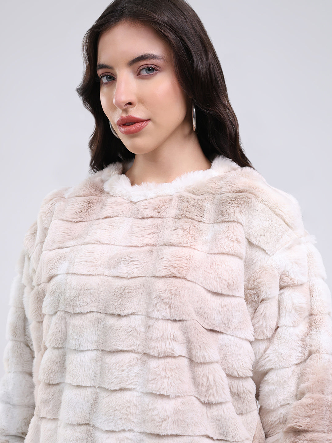 Rock.it Women Beige Self Design Round Neck Full Sleeve Sweatshirt