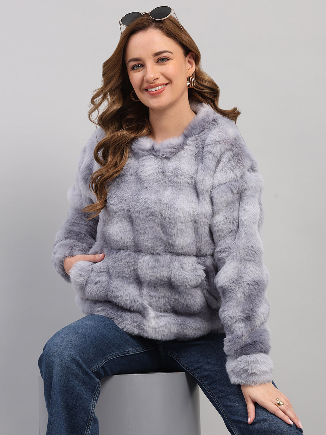 Rock.it Women Grey Self Design Round Neck Full Sleeve Sweatshirt