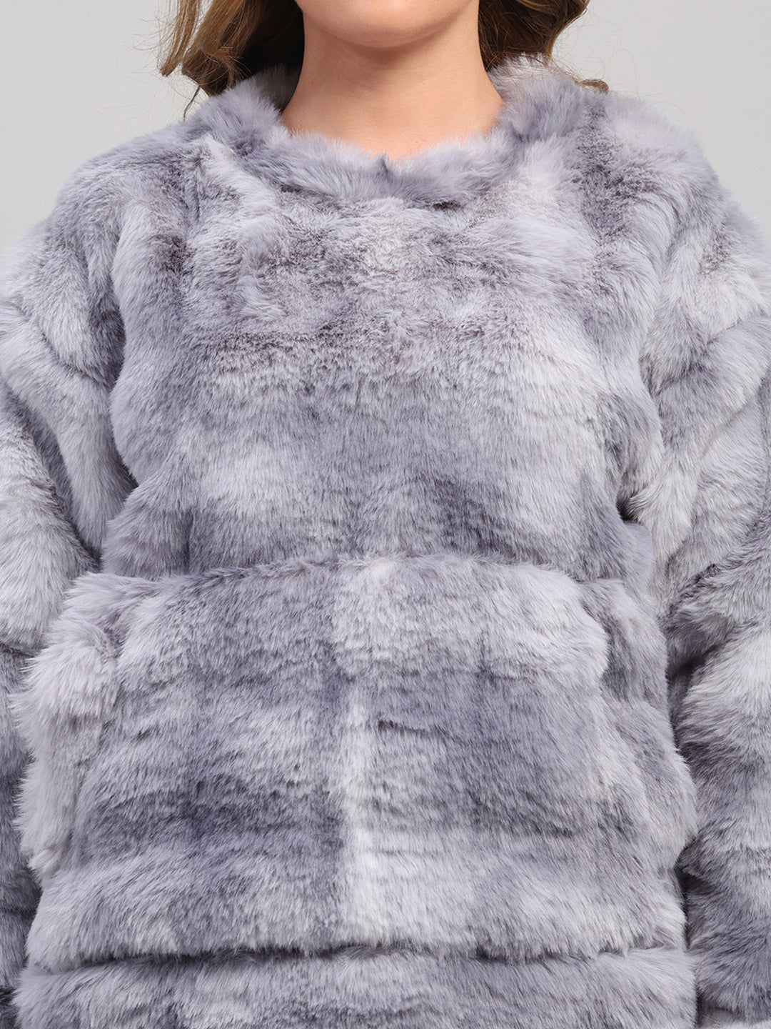 Rock.it Women Grey Self Design Round Neck Full Sleeve Sweatshirt