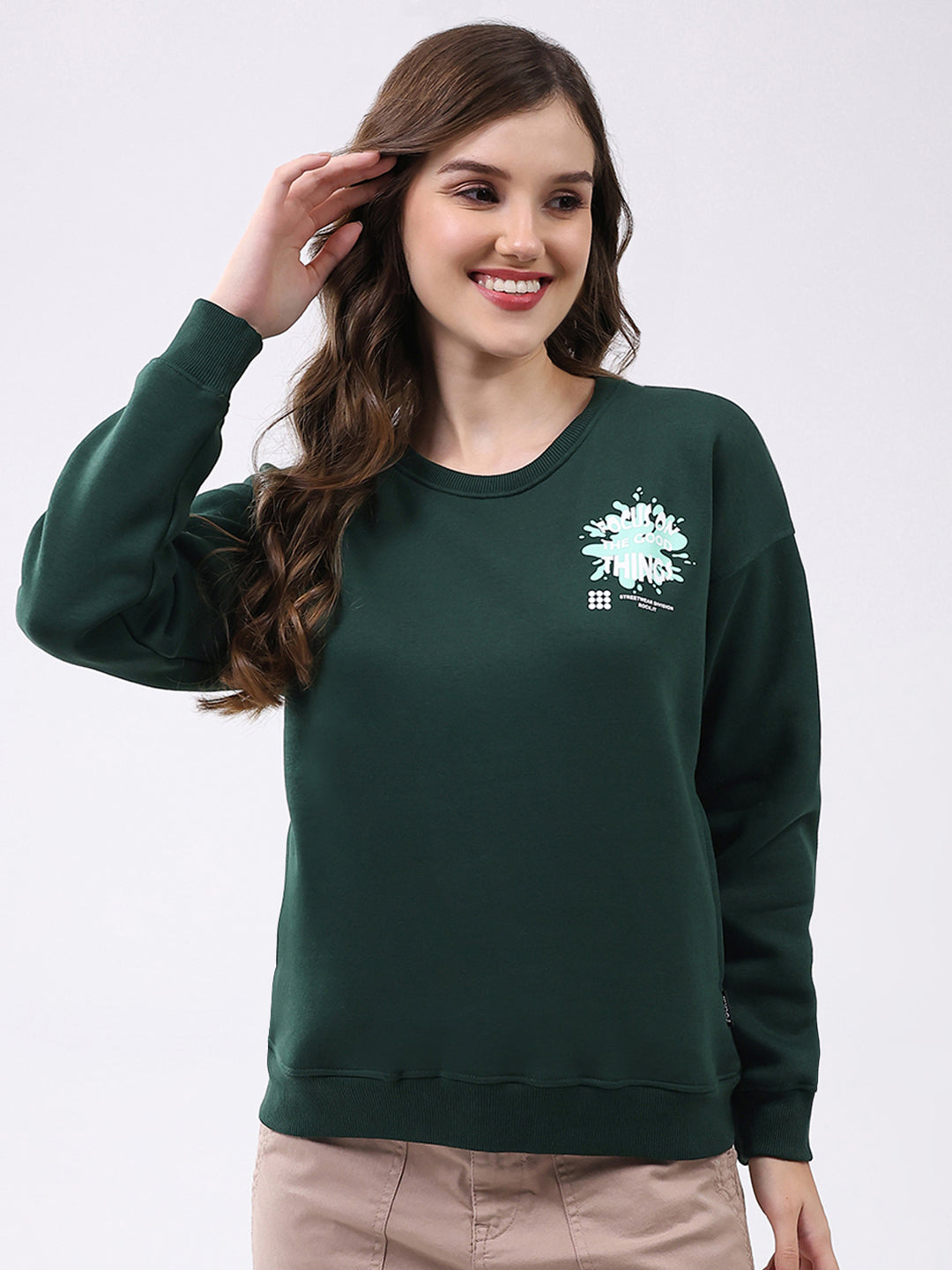 Rock.it Women Green Printed Round Neck Full Sleeve Sweatshirt