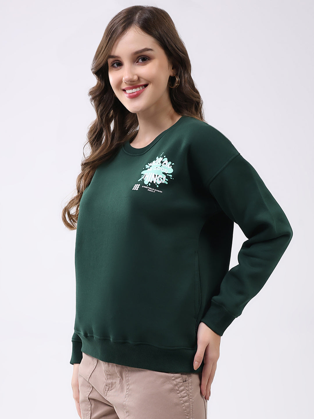 Rock.it Women Green Printed Round Neck Full Sleeve Sweatshirt