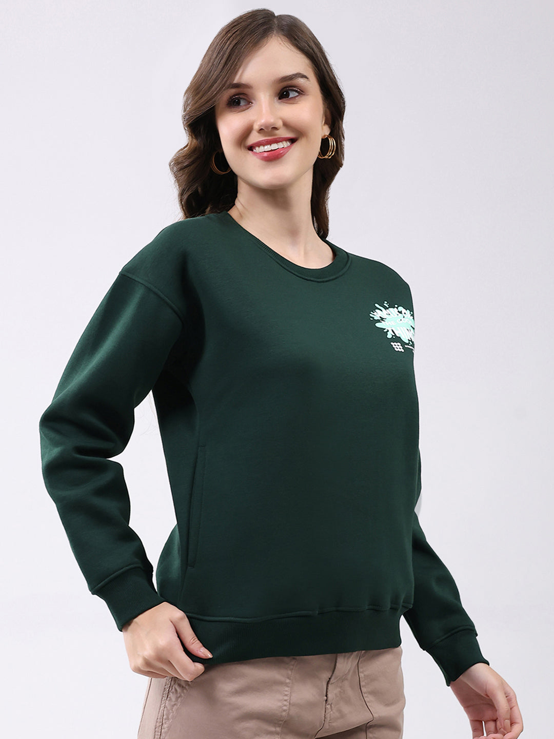 Rock.it Women Green Printed Round Neck Full Sleeve Sweatshirt