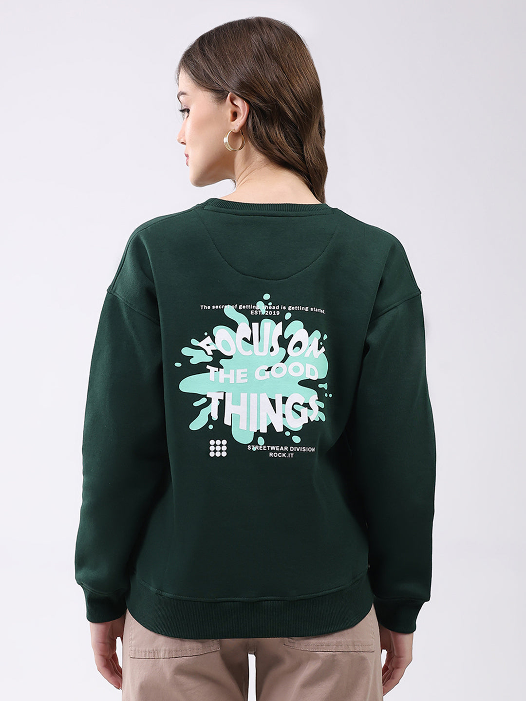 Rock.it Women Green Printed Round Neck Full Sleeve Sweatshirt
