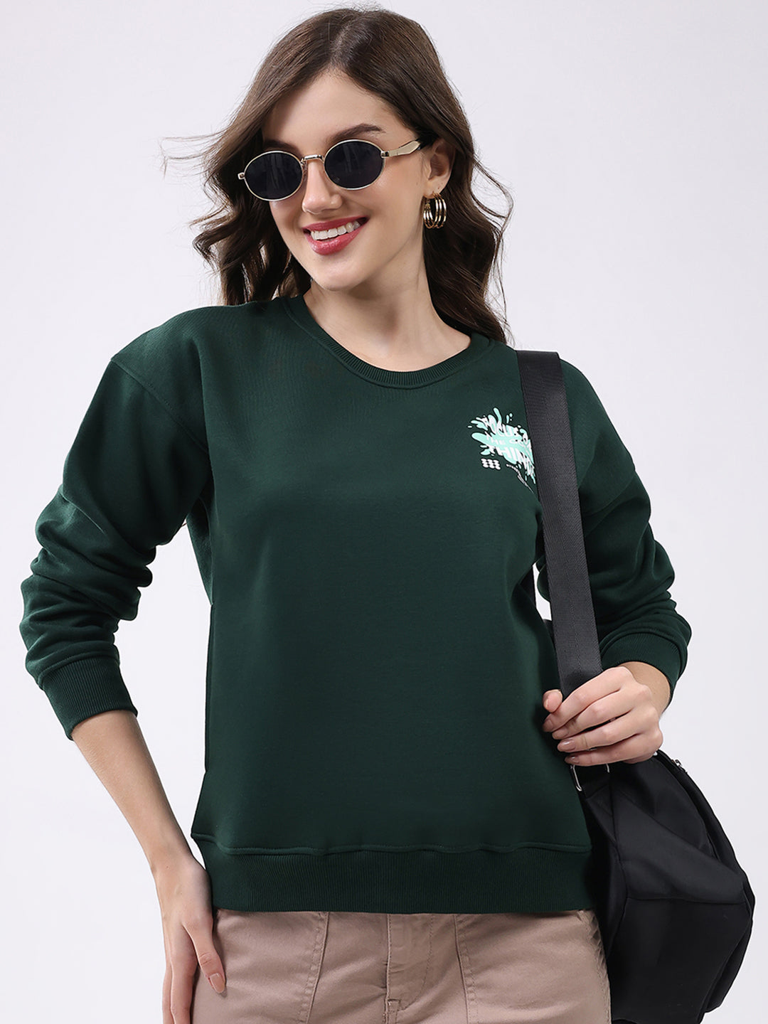 Rock.it Women Green Printed Round Neck Full Sleeve Sweatshirt