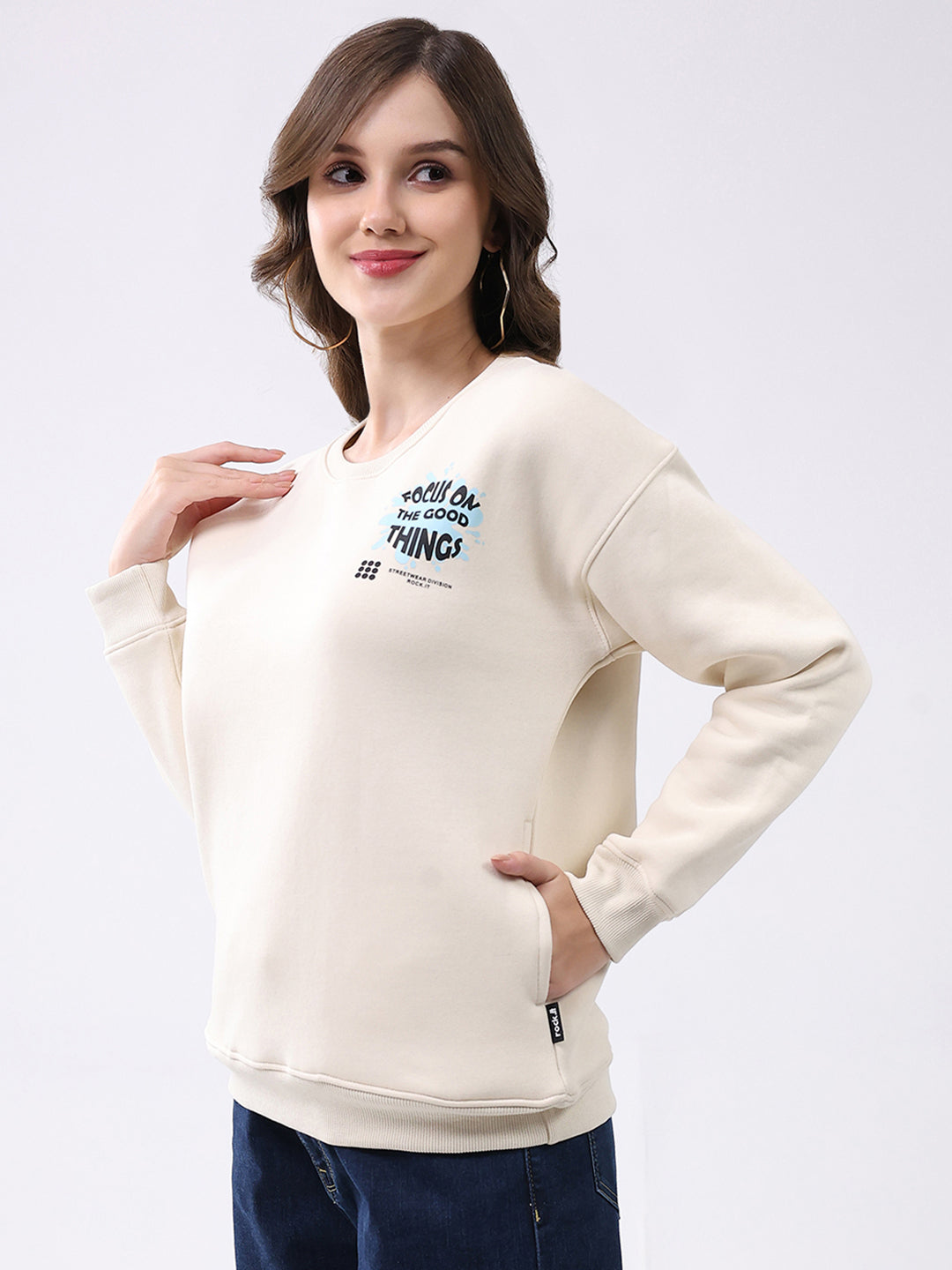 Rock.it Women Cream Printed Round Neck Full Sleeve Sweatshirt