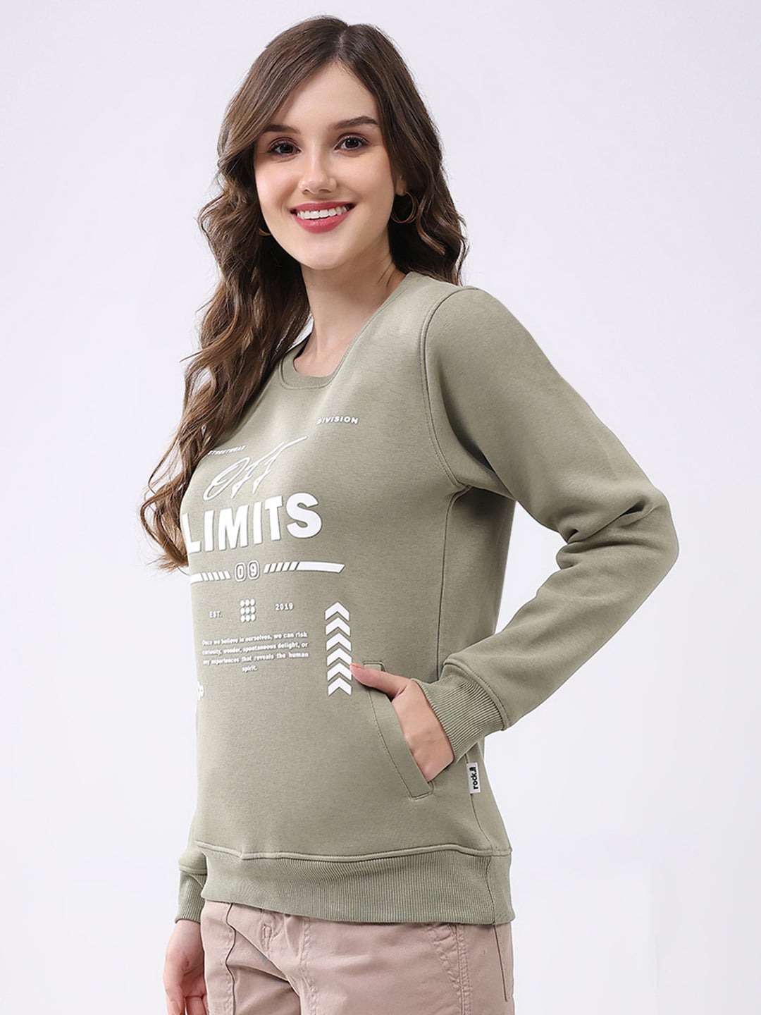 Rock.it Women Green Printed Round Neck Full Sleeve Sweatshirt