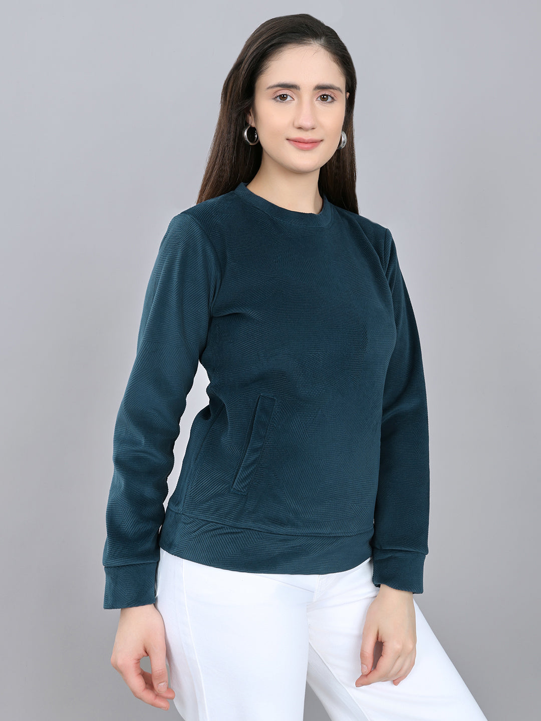 Rock.it Women Teal Blue Self Design Round Neck Full Sleeve Sweatshirt