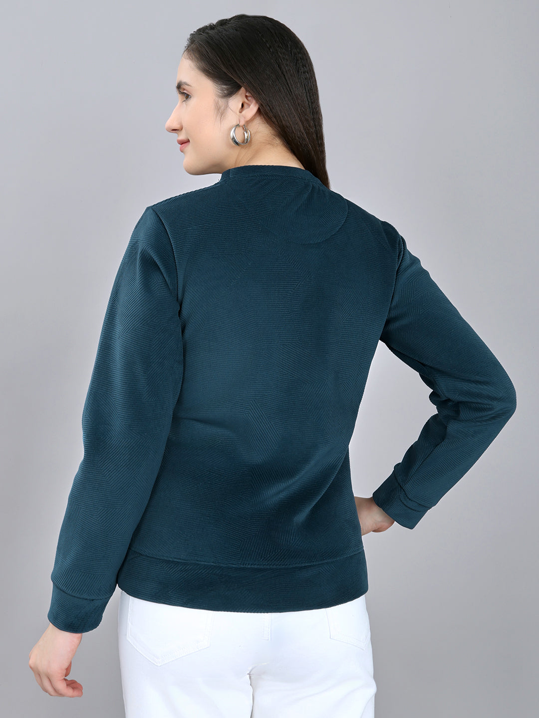 Rock.it Women Teal Blue Self Design Round Neck Full Sleeve Sweatshirt