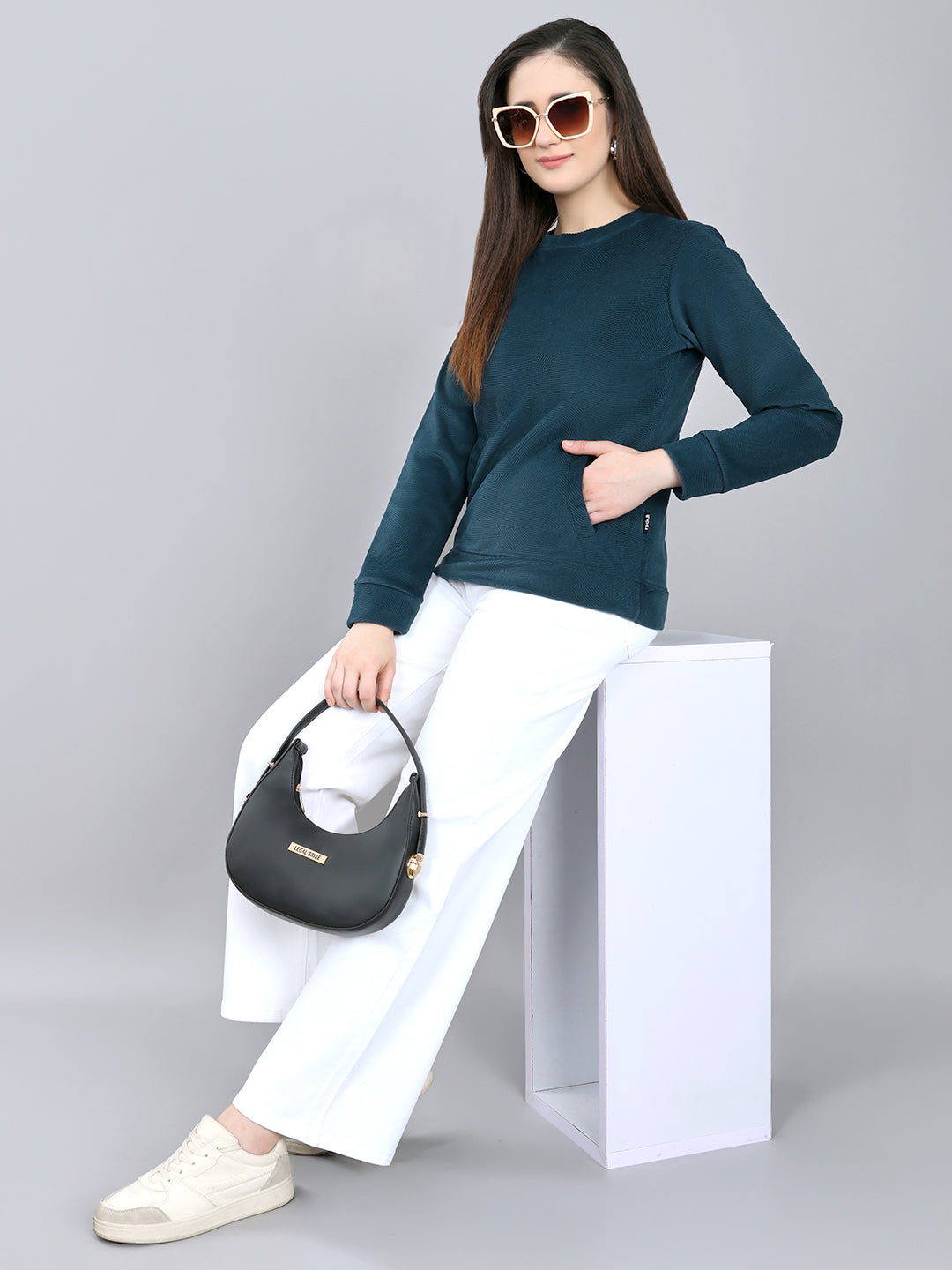 Rock.it Women Teal Blue Self Design Round Neck Full Sleeve Sweatshirt