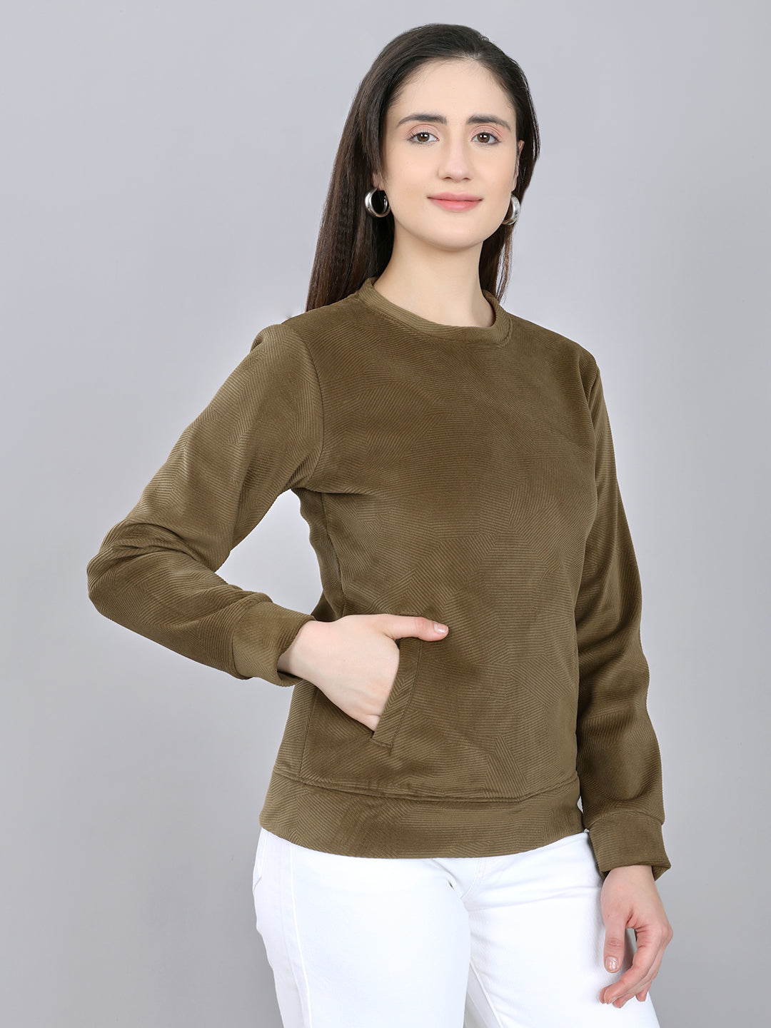 Rock.it Women Brown Self Design Round Neck Full Sleeve Sweatshirt