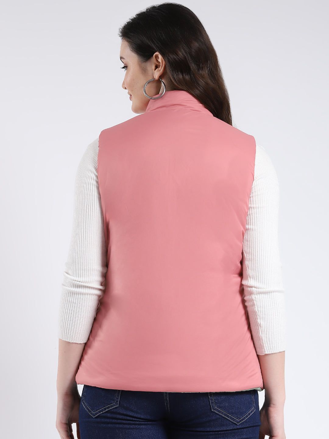 Rock.it Women Green & Pink Solid Mock Neck Sleeveless Jacket
