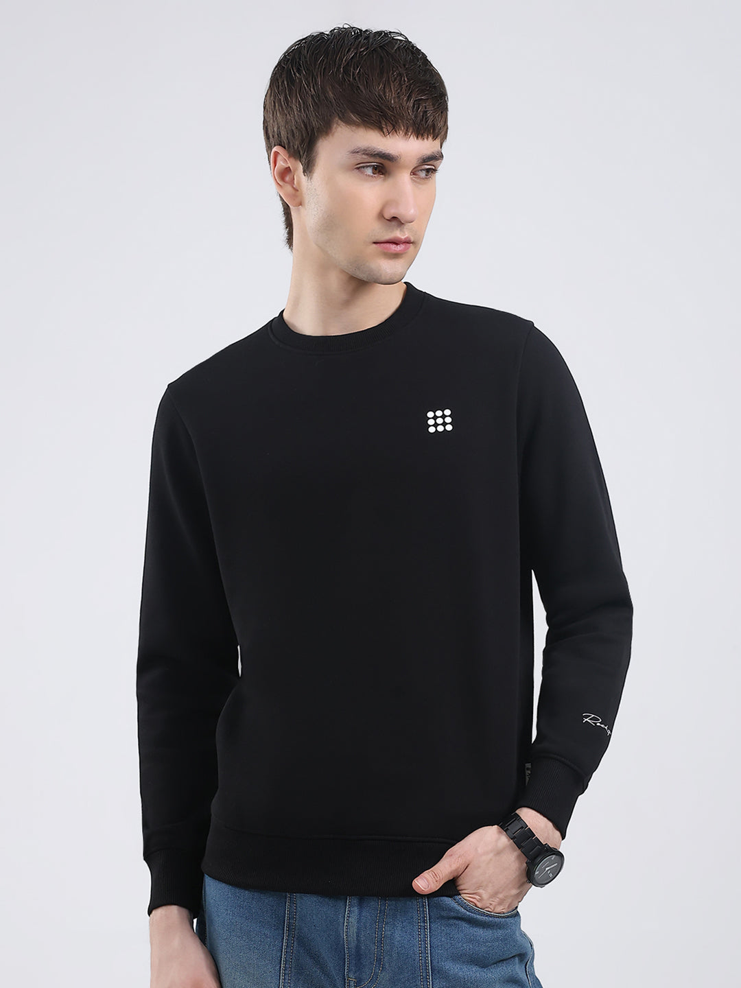 Rock.it Men Black Solid Round Neck Full Sleeve Sweatshirt