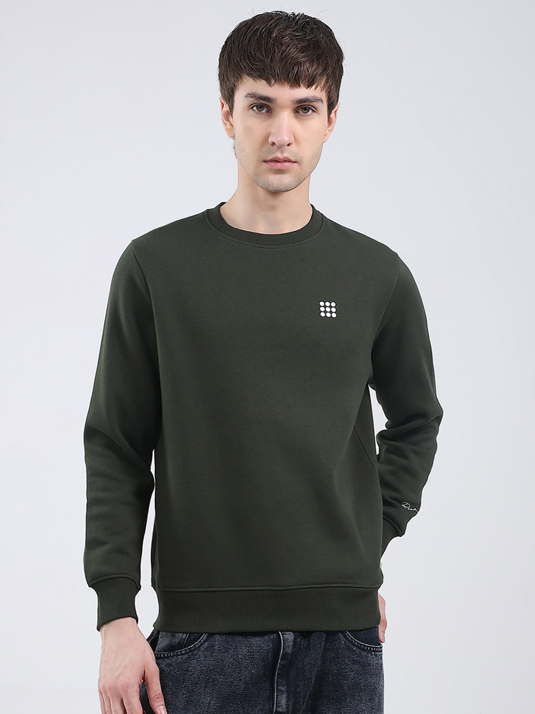 Rock.it Men Olive Solid Round Neck Full Sleeve Sweatshirt