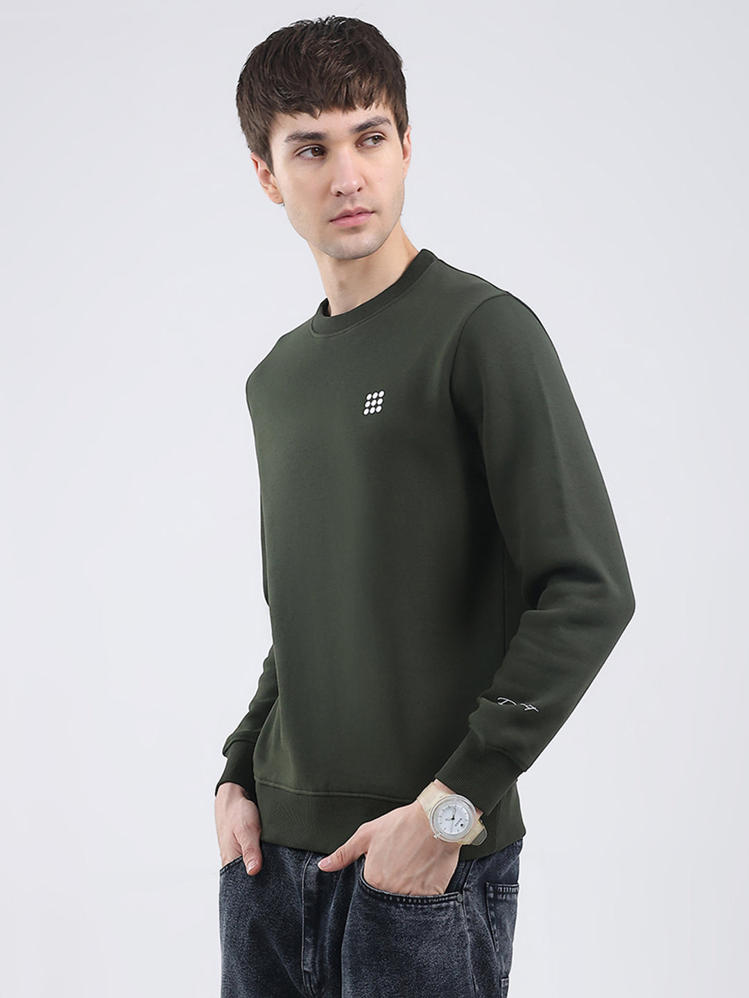 Rock.it Men Olive Solid Round Neck Full Sleeve Sweatshirt