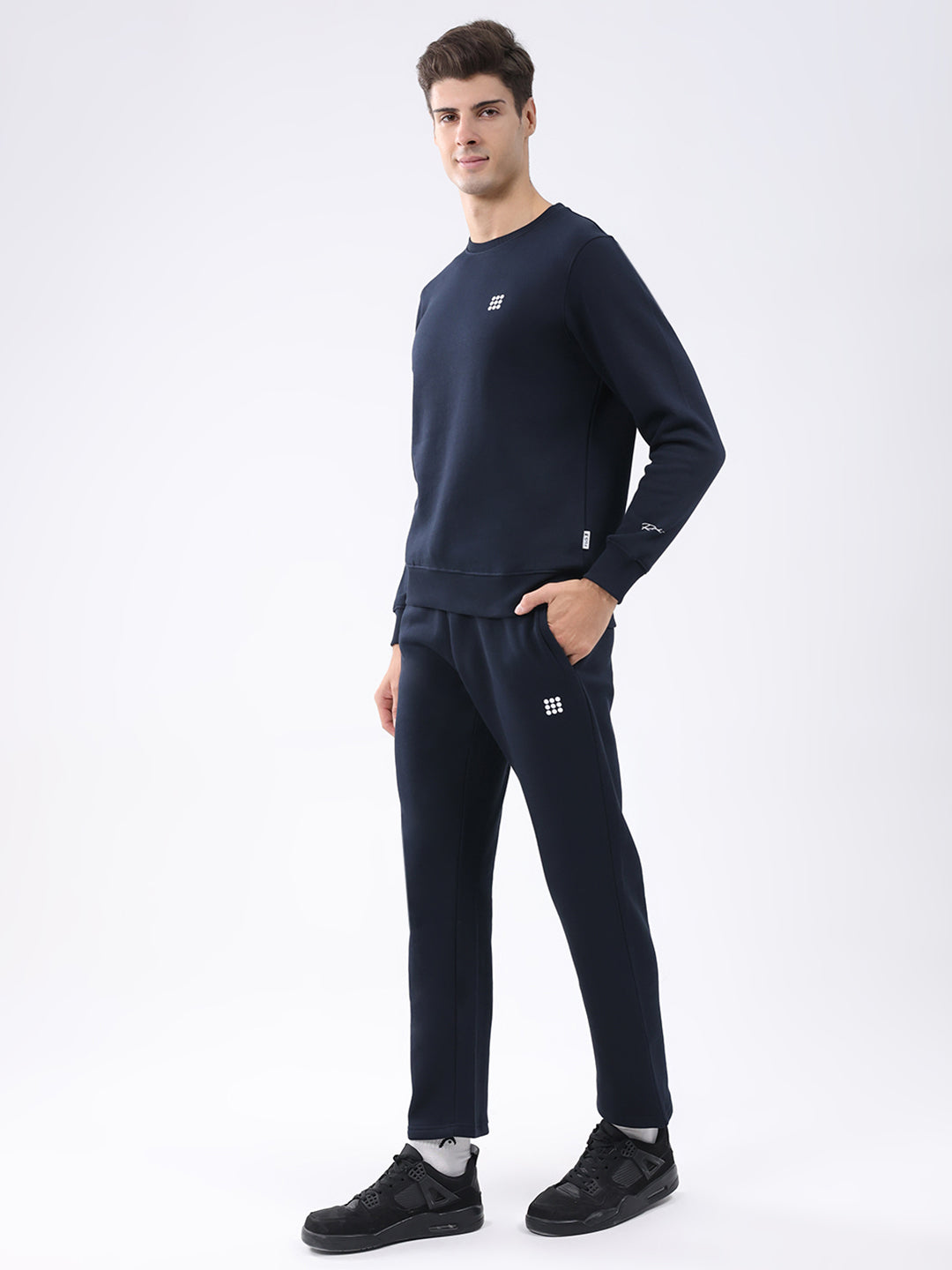 Rock.it Men Navy Blue Solid Round Neck Full Sleeve Winter Tracksuit