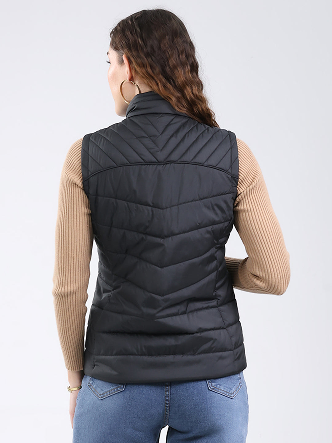 Rock.it Women Black Solid Stand Collar Sleeveless Jacket