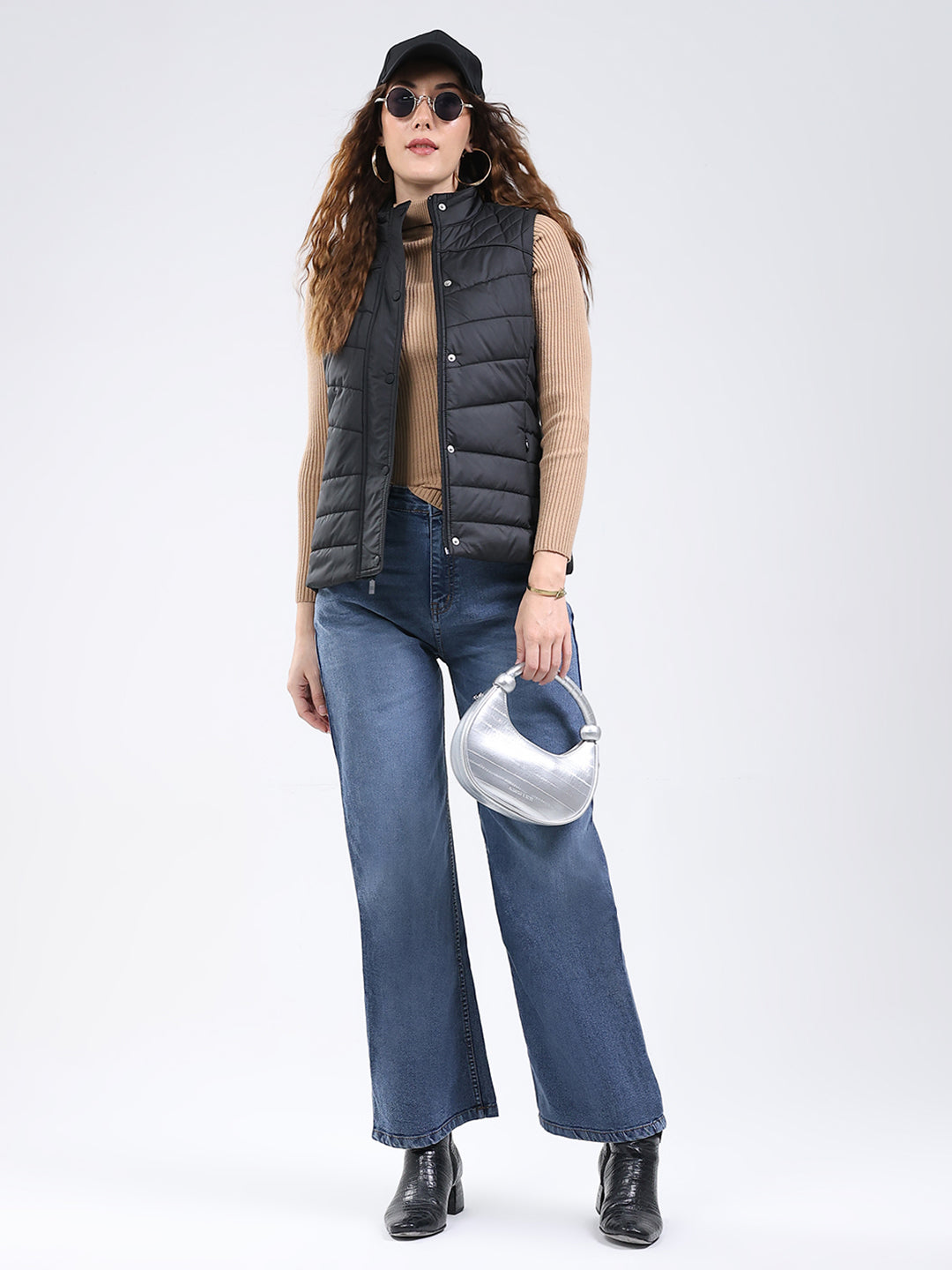 Rock.it Women Black Solid Stand Collar Sleeveless Jacket