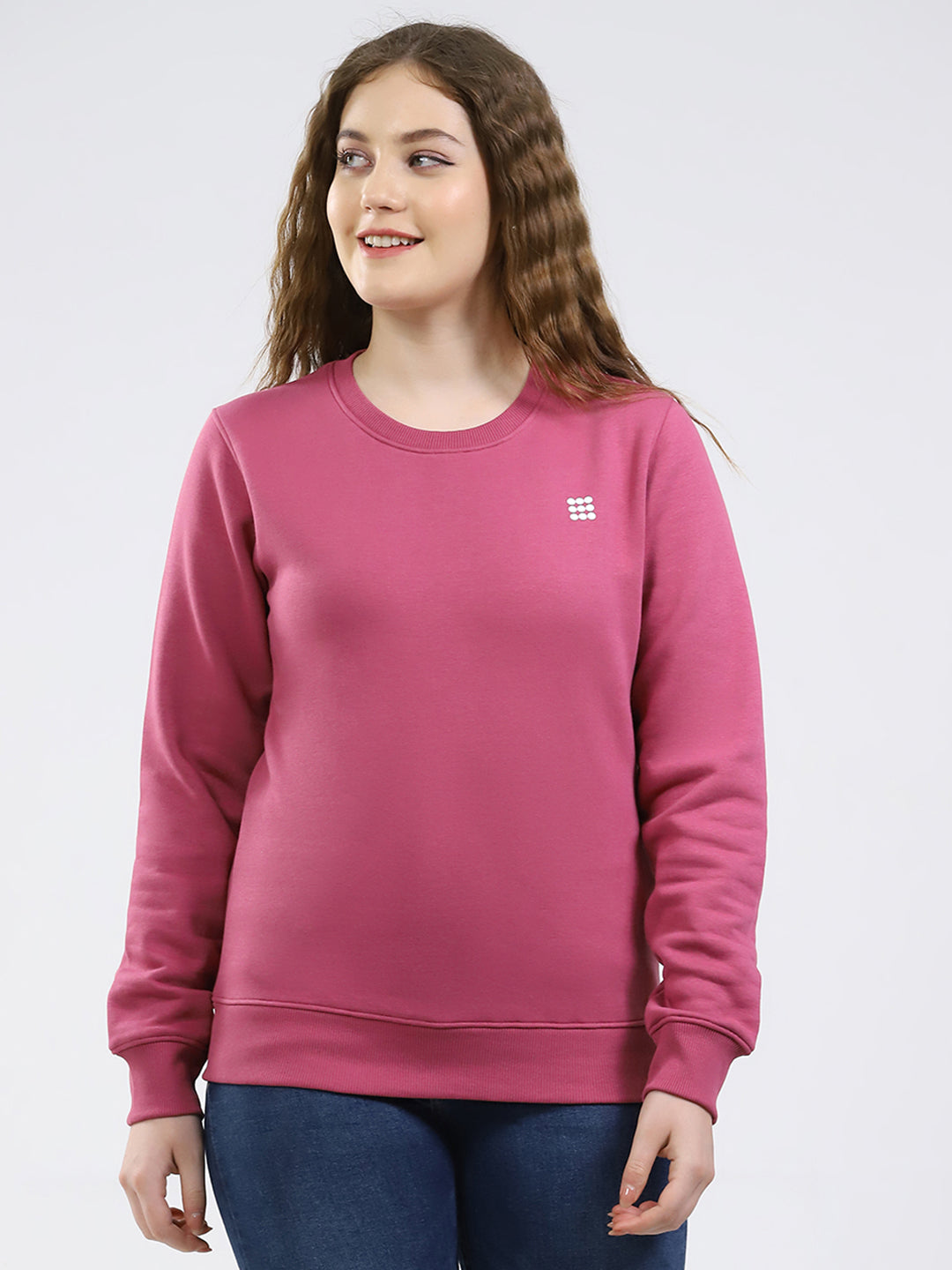 Rock.it Women Rose Pink Solid Round Neck Full Sleeve Sweatshirt