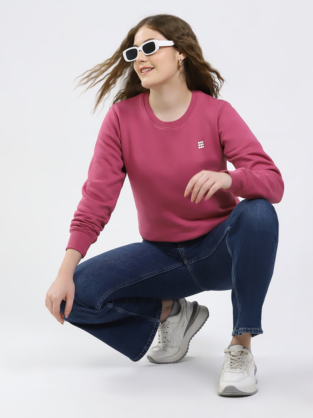 Rock.it Women Rose Pink Solid Round Neck Full Sleeve Sweatshirt