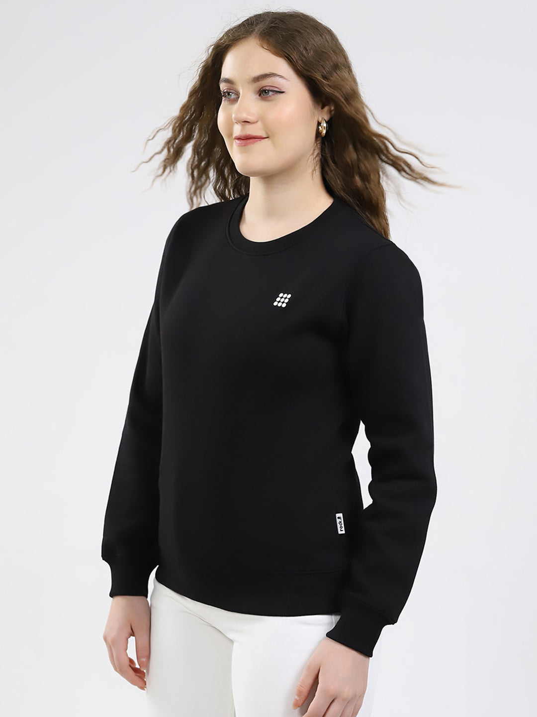 Rock.it Women Black Solid Round Neck Full Sleeve Sweatshirt