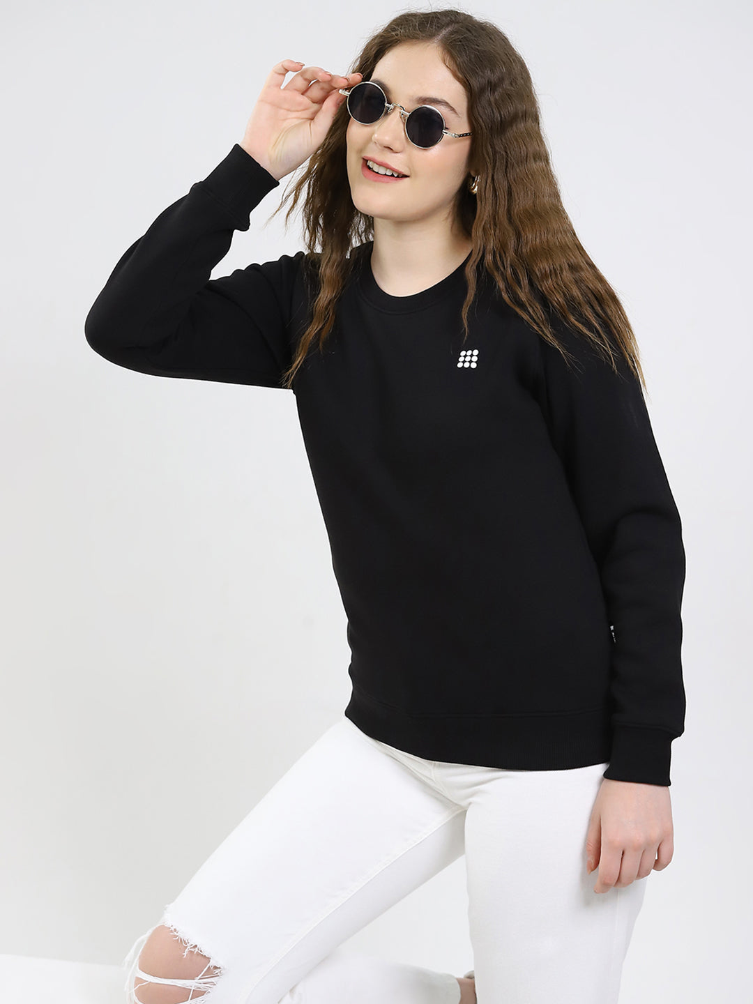 Rock.it Women Black Solid Round Neck Full Sleeve Sweatshirt