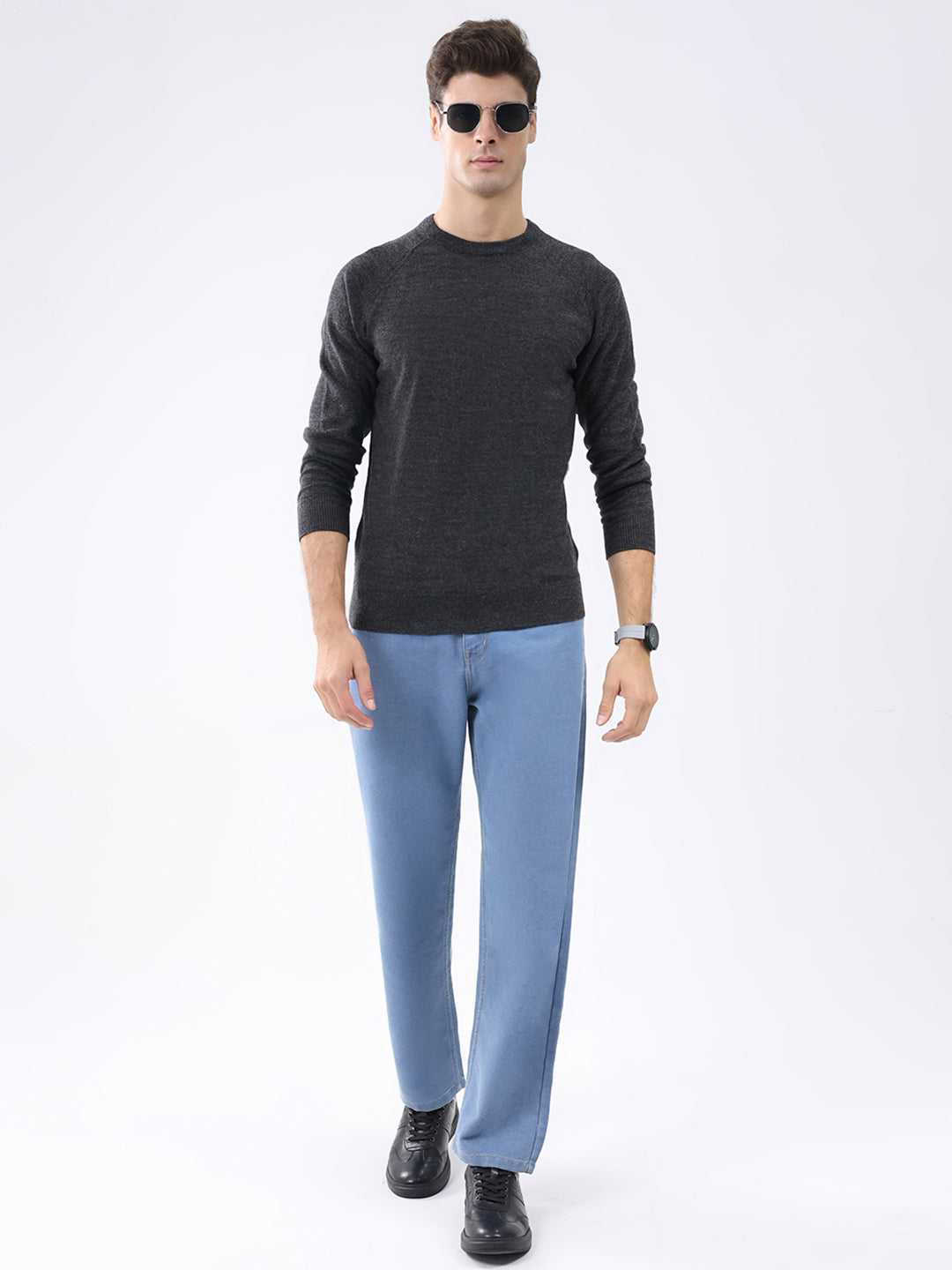 Rock.it Men Charcoal Solid Round Neck Full Sleeve Pullover