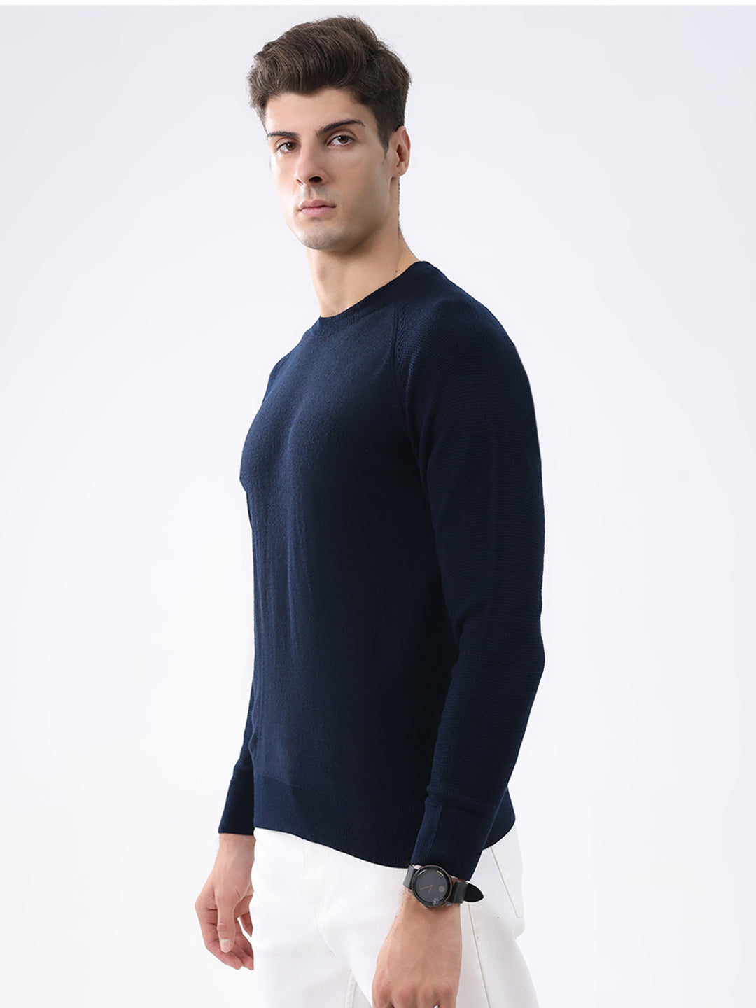 Rock.it Men Navy Blue Solid Round Neck Full Sleeve Pullover