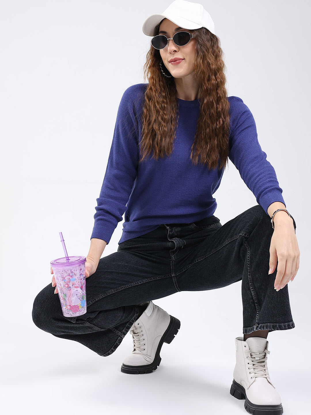 Rock.it Women Blue Solid Round Neck Full Sleeve Pullover