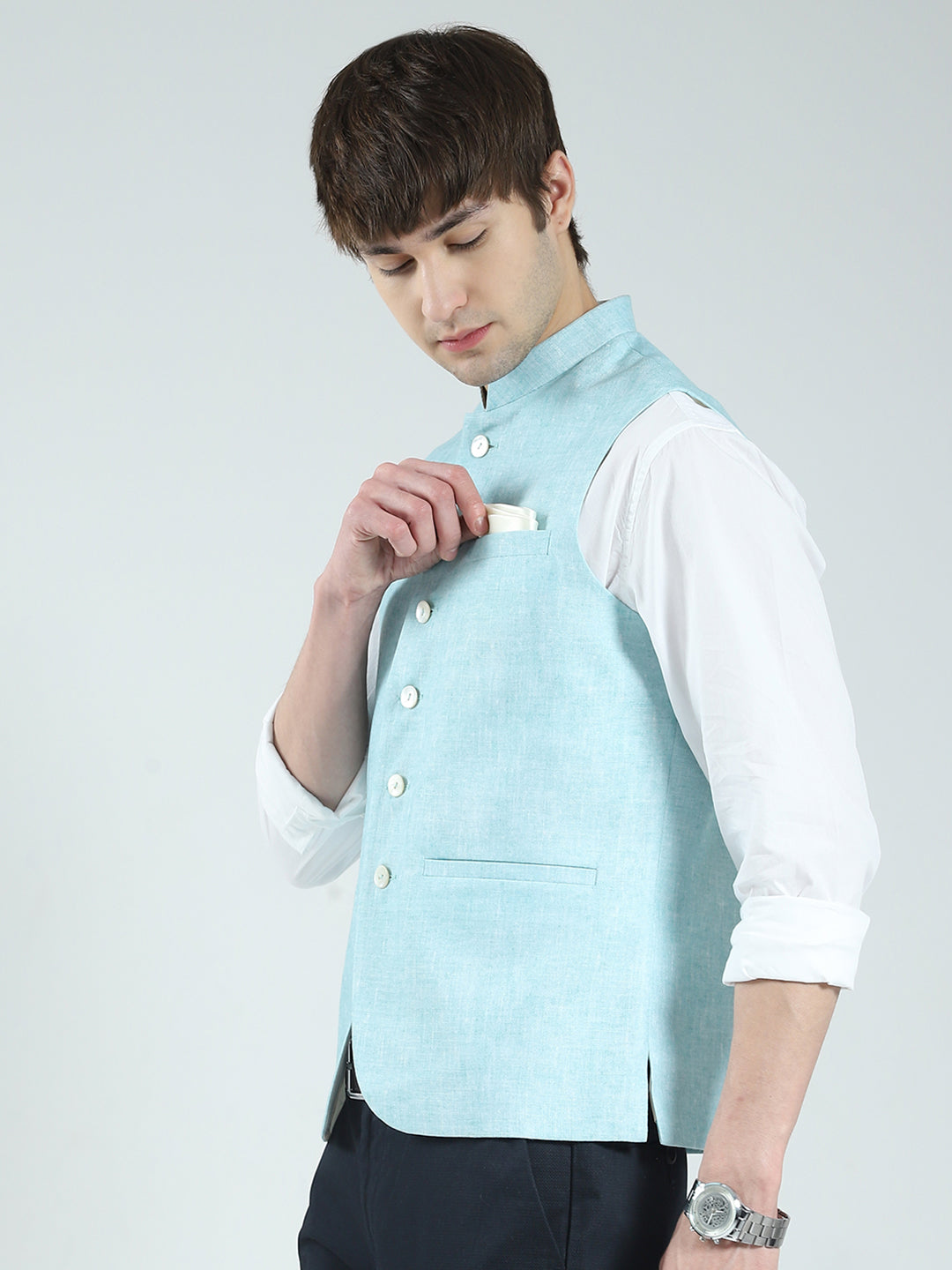 Men Blue Printed Band Neck Sleeveless Nehru Jacket