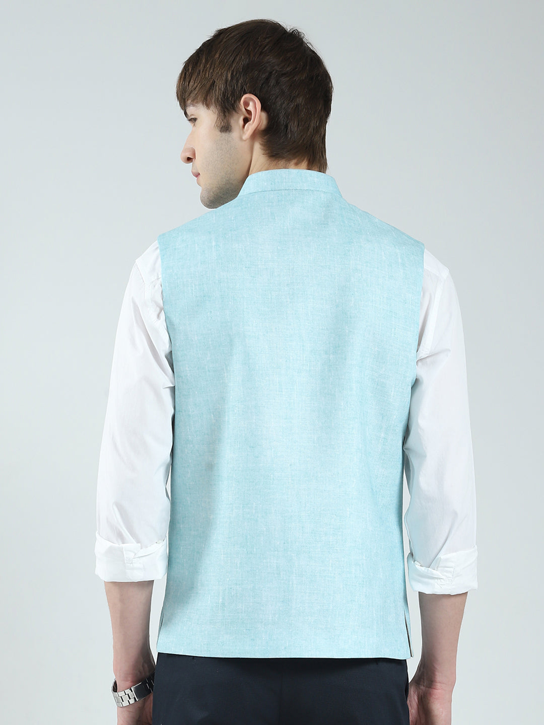 Men Blue Printed Band Neck Sleeveless Nehru Jacket
