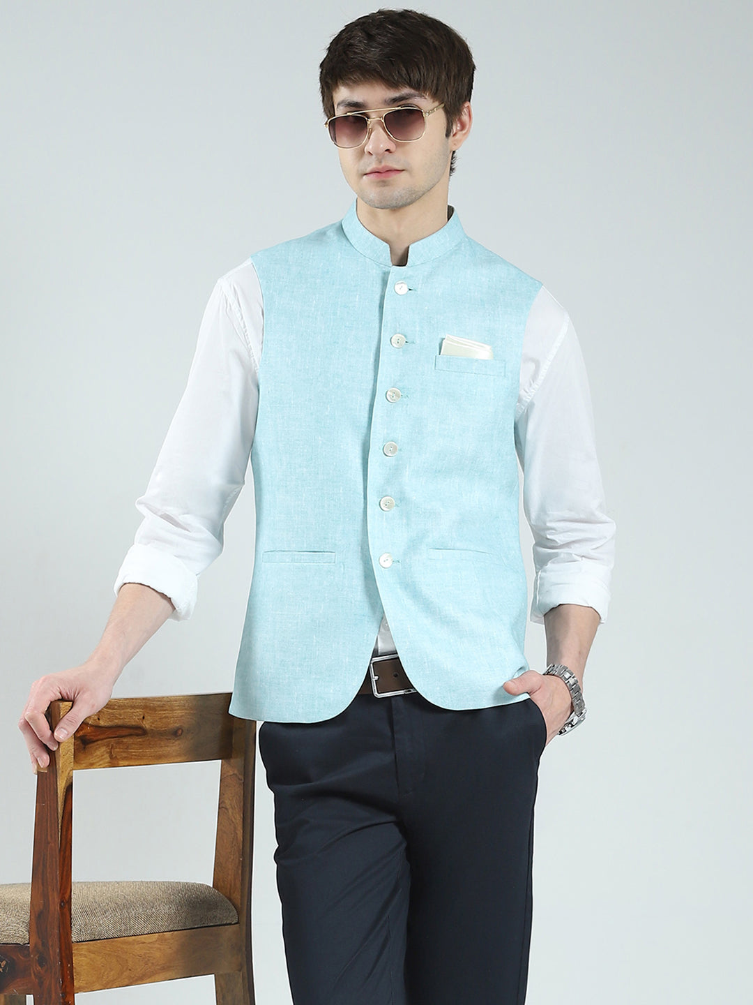 Men Blue Printed Band Neck Sleeveless Nehru Jacket