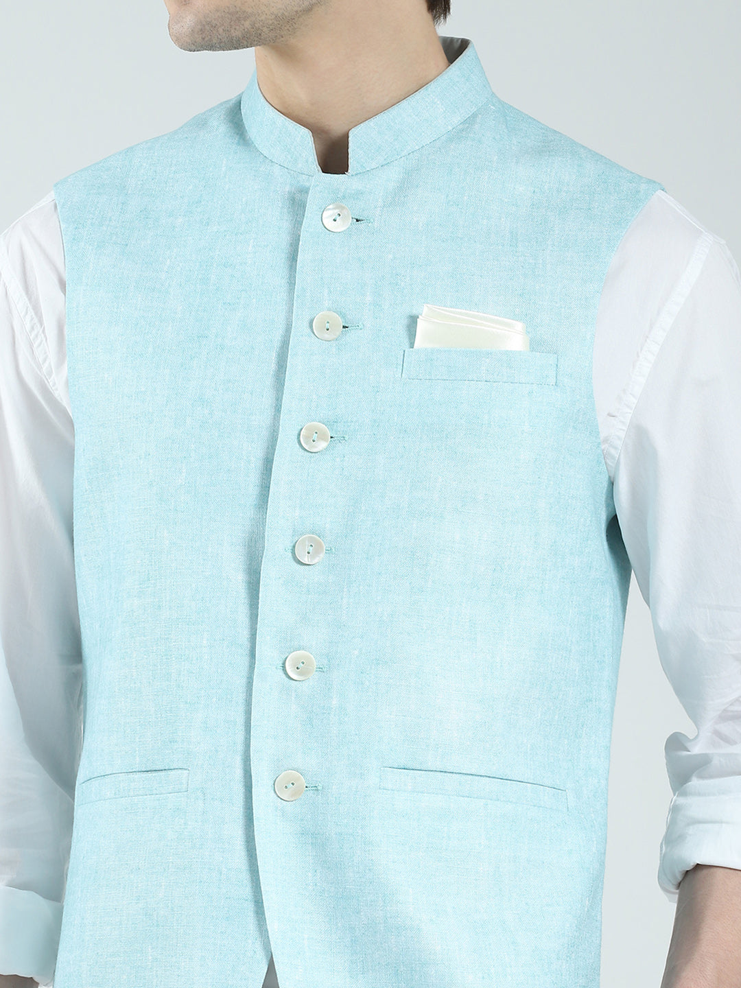 Men Blue Printed Band Neck Sleeveless Nehru Jacket