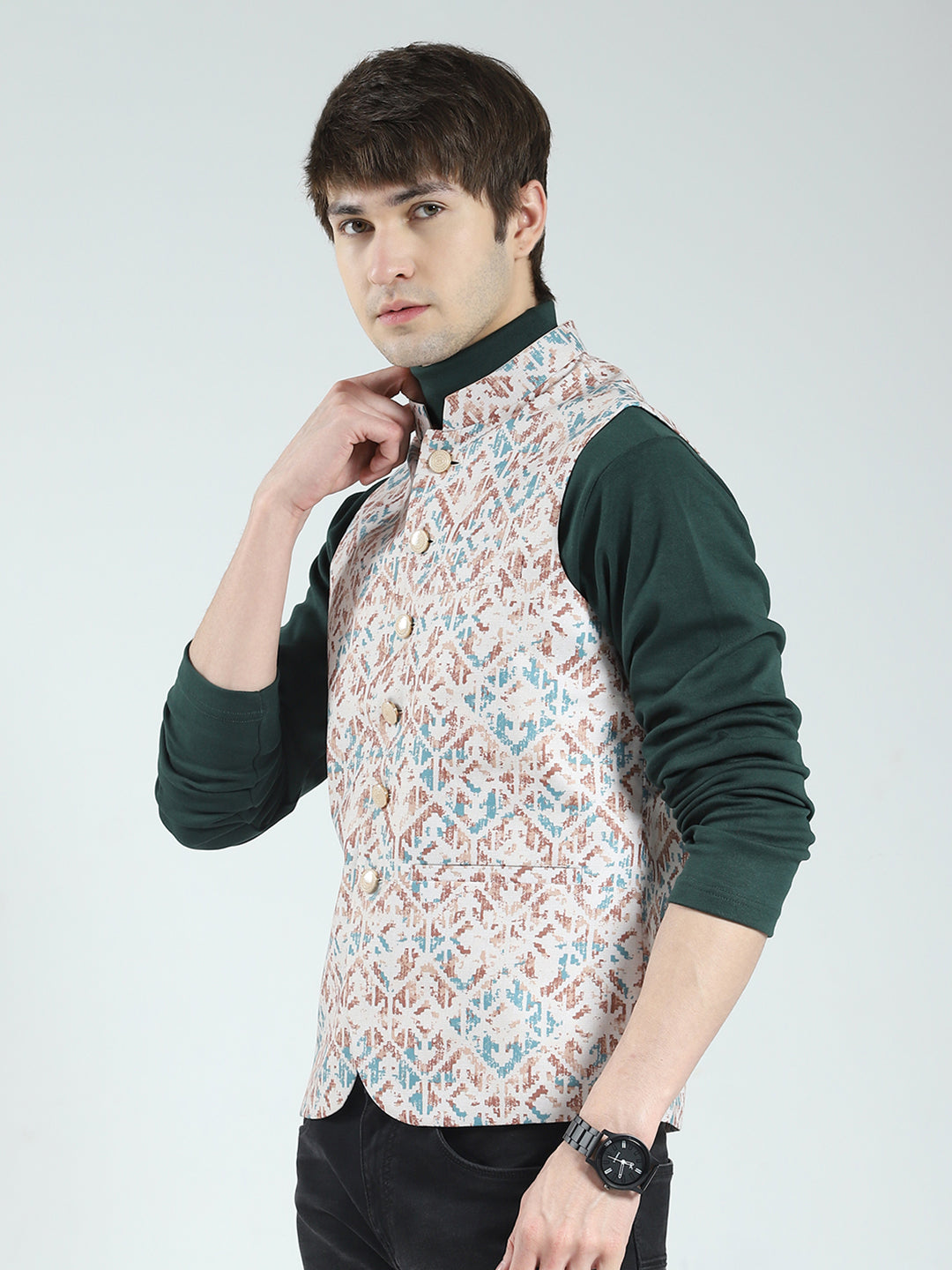 Men Peach Printed Band Neck Sleeveless Nehru Jacket
