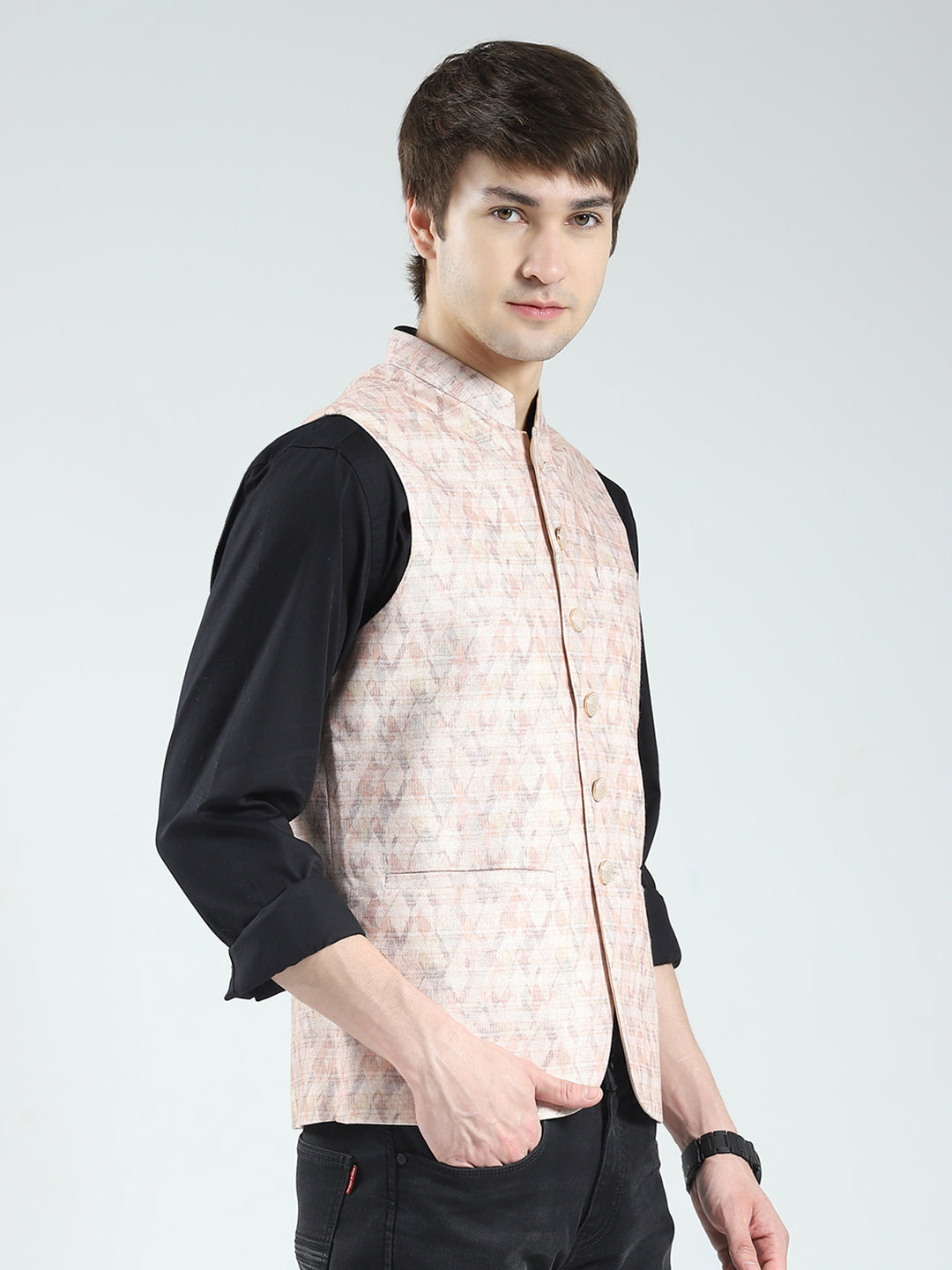 Men Beige Printed Band Neck Sleeveless Nehru Jacket
