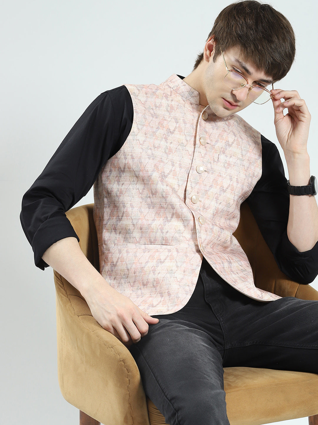 Men Beige Printed Band Neck Sleeveless Nehru Jacket