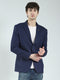 Men Navy Blue Self Design Notch Lapel Collar Full Sleeve Blazer