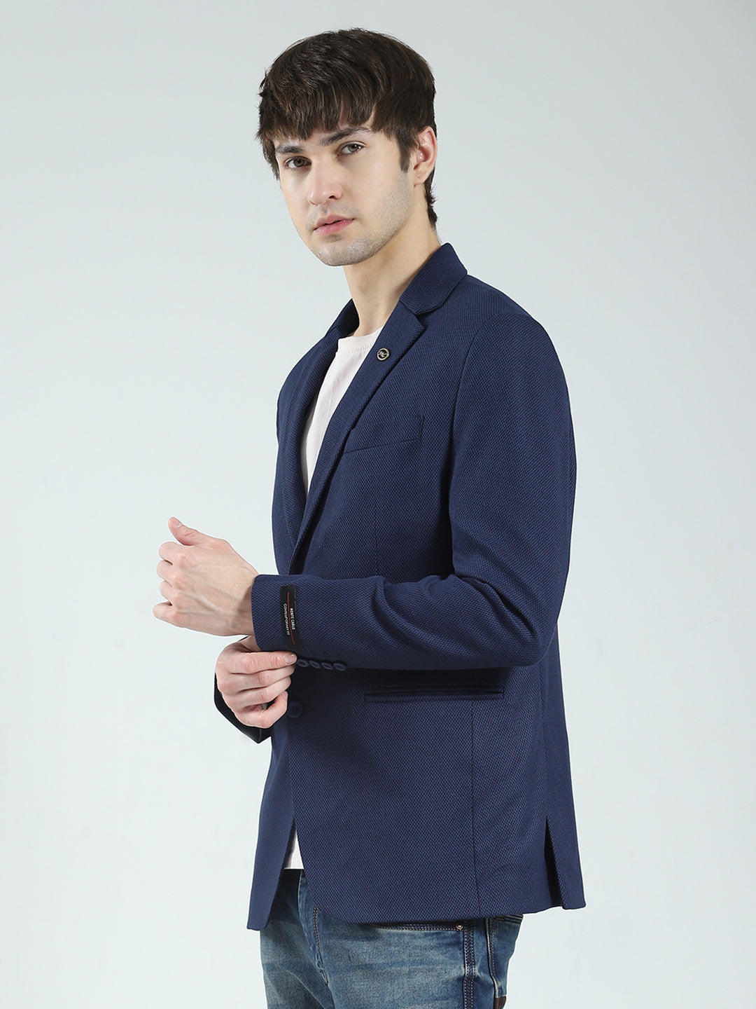 Men Navy Blue Self Design Notch Lapel Collar Full Sleeve Blazer