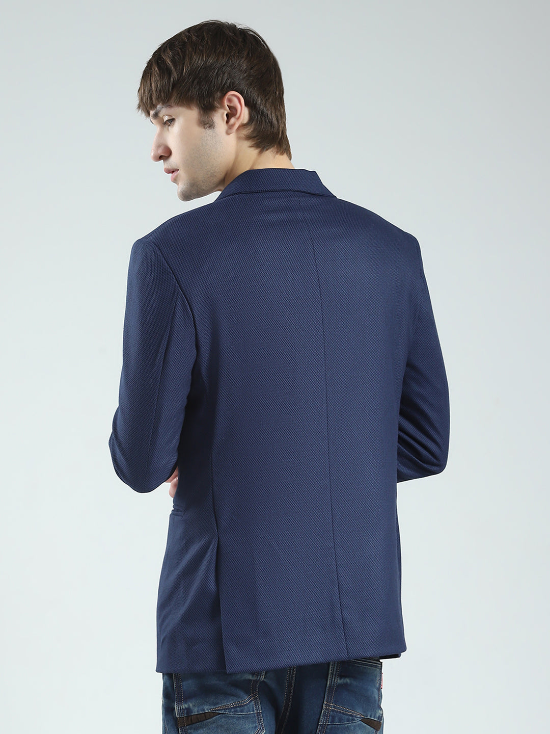 Men Navy Blue Self Design Notch Lapel Collar Full Sleeve Blazer