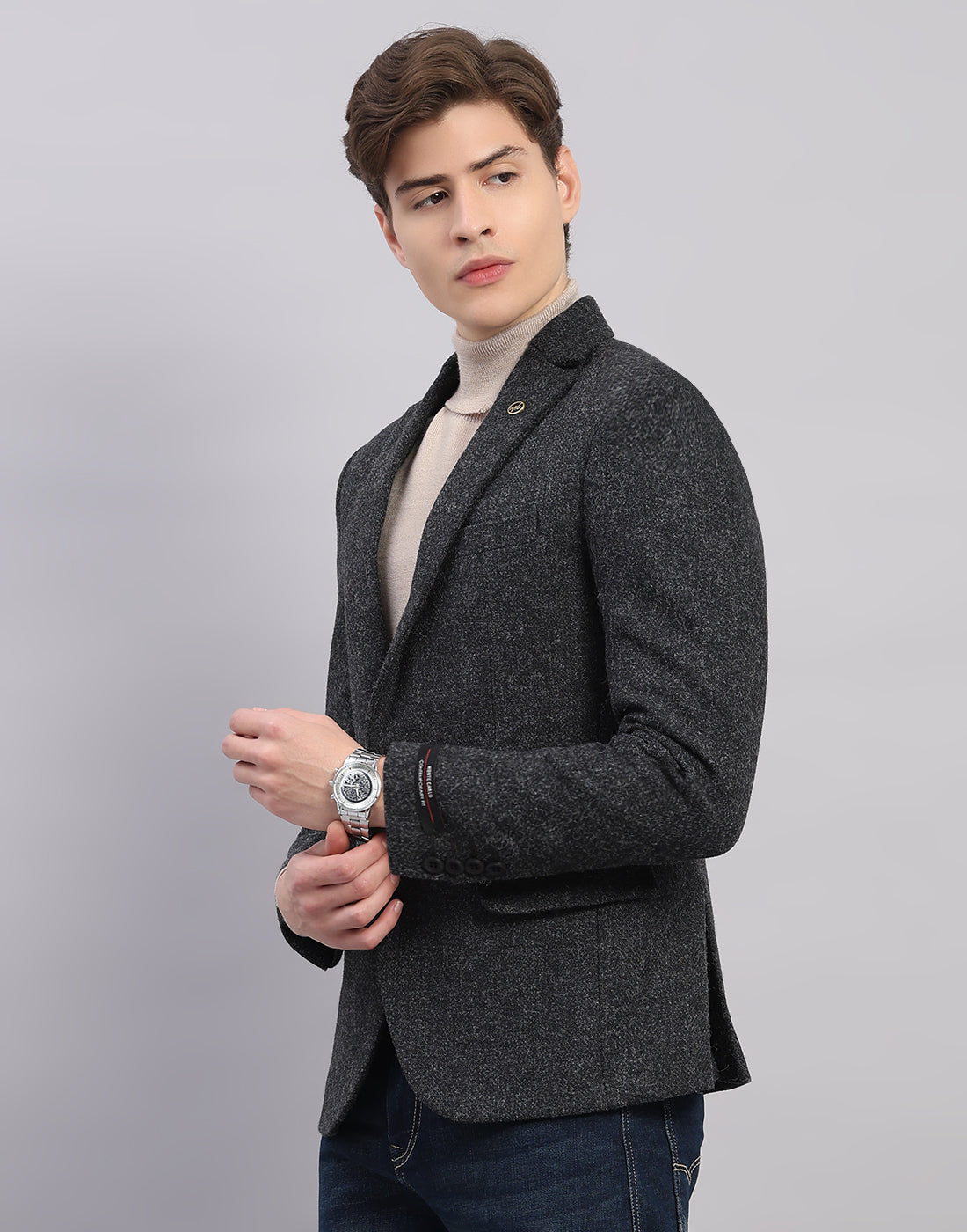 Men Grey Self Design Collar Full Sleeve Blazer