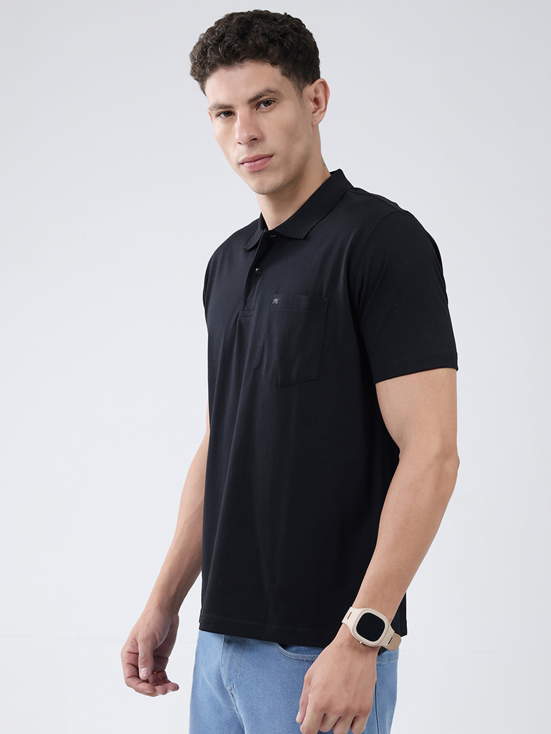 Men Black Solid Collar Half Sleeve T-Shirt