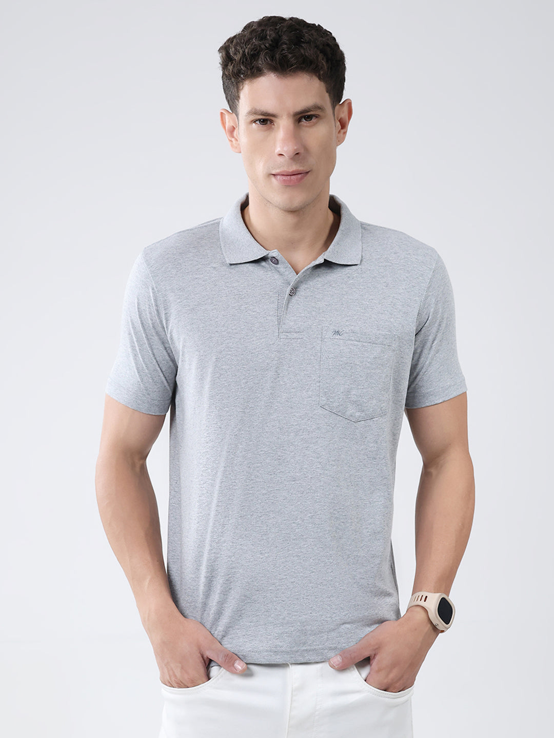 Men Grey Solid Collar Half Sleeve T-Shirt