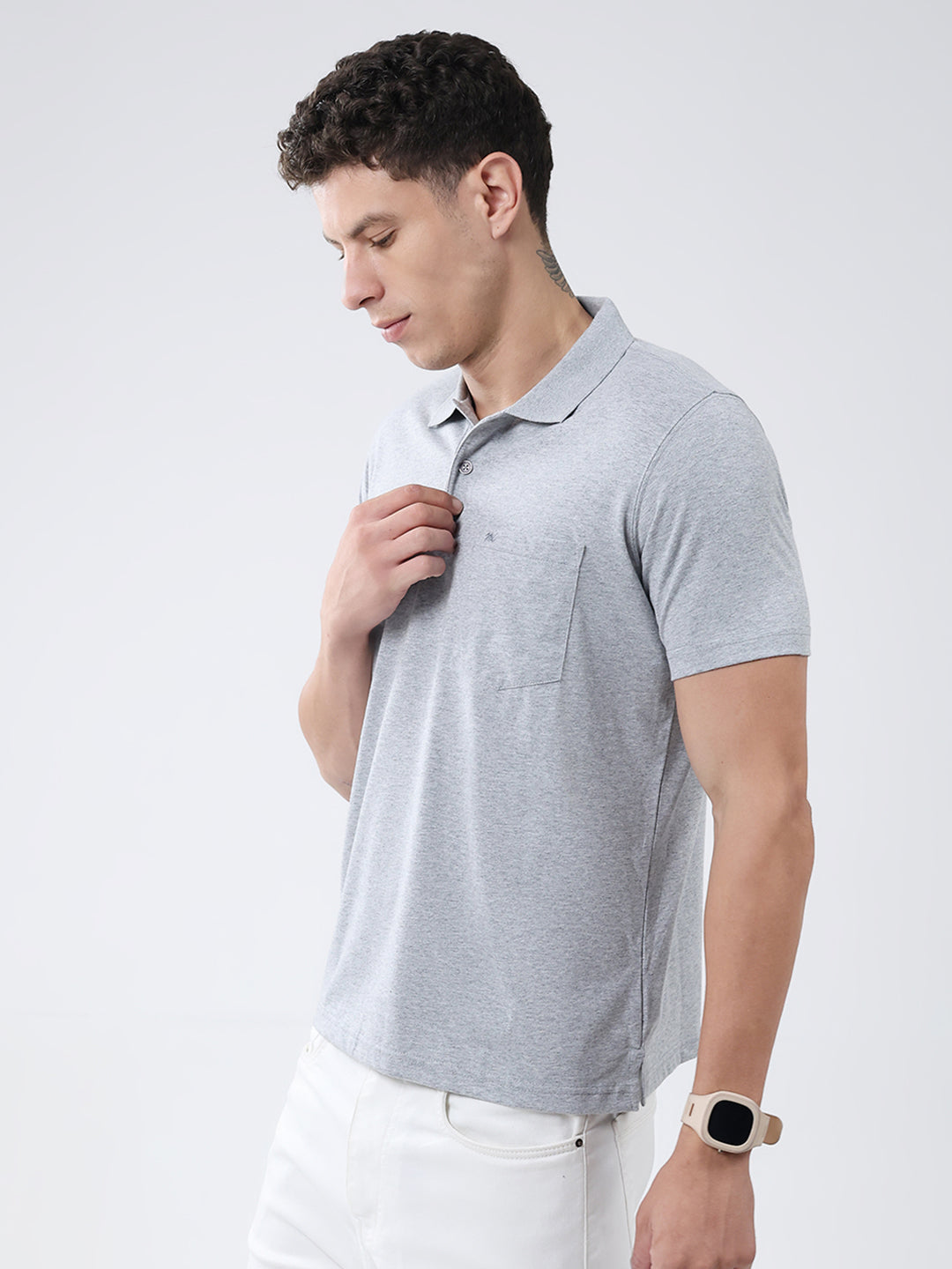 Men Grey Solid Collar Half Sleeve T-Shirt