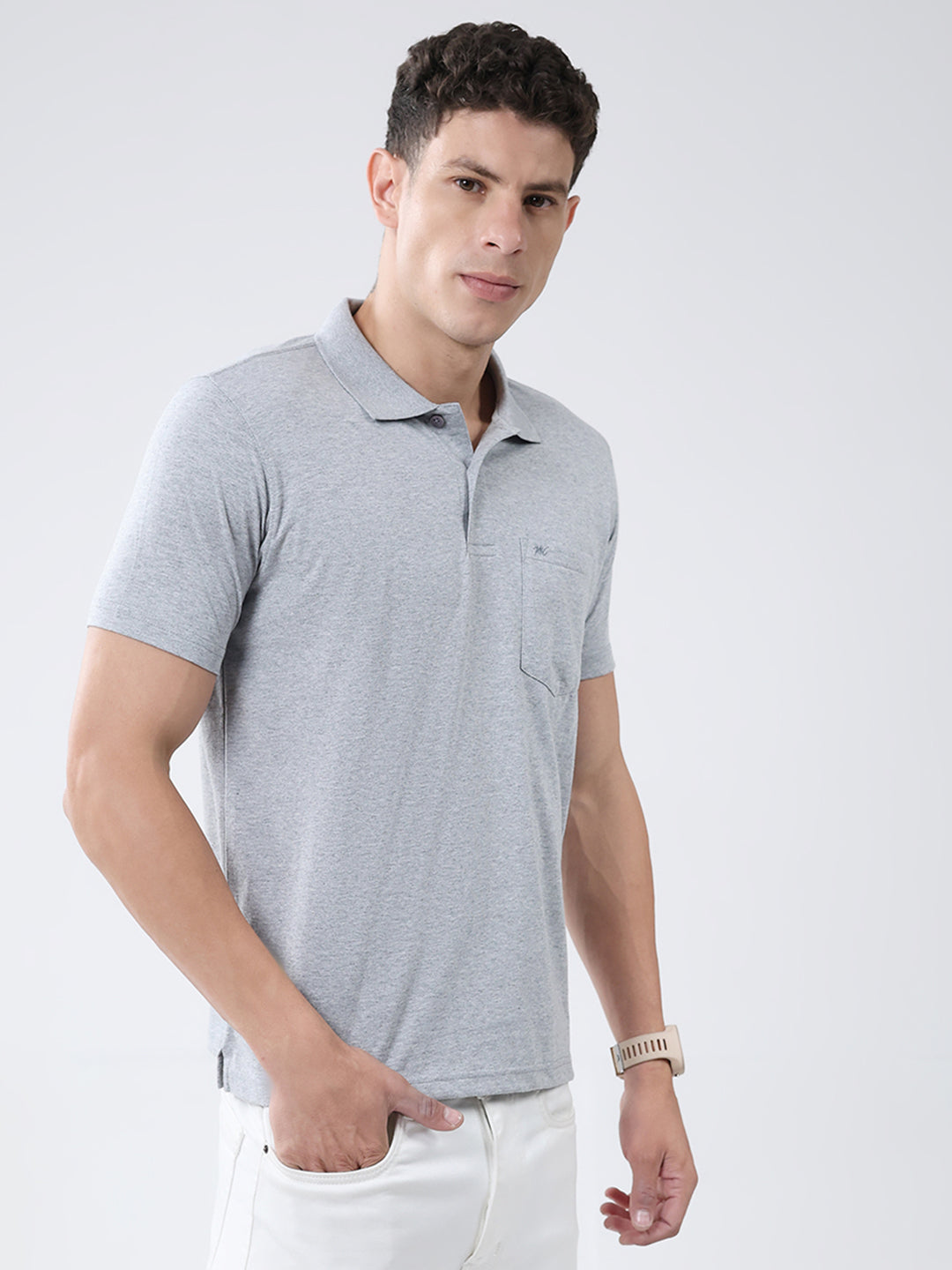 Men Grey Solid Collar Half Sleeve T-Shirt