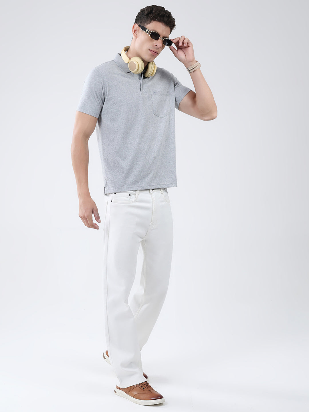 Men Grey Solid Collar Half Sleeve T-Shirt