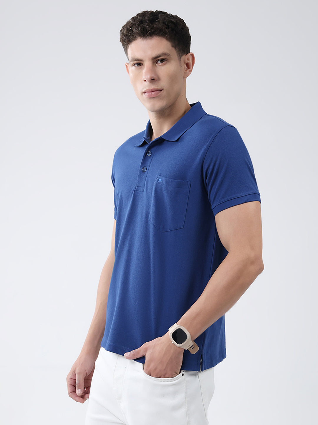 Men Blue Solid Collar Half Sleeve T-Shirt