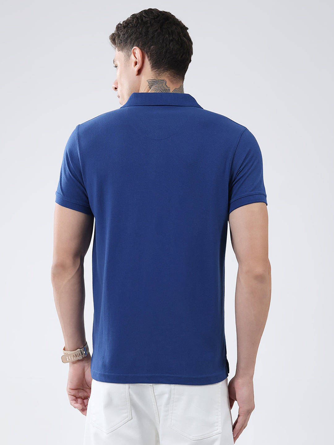 Men Blue Solid Collar Half Sleeve T-Shirt