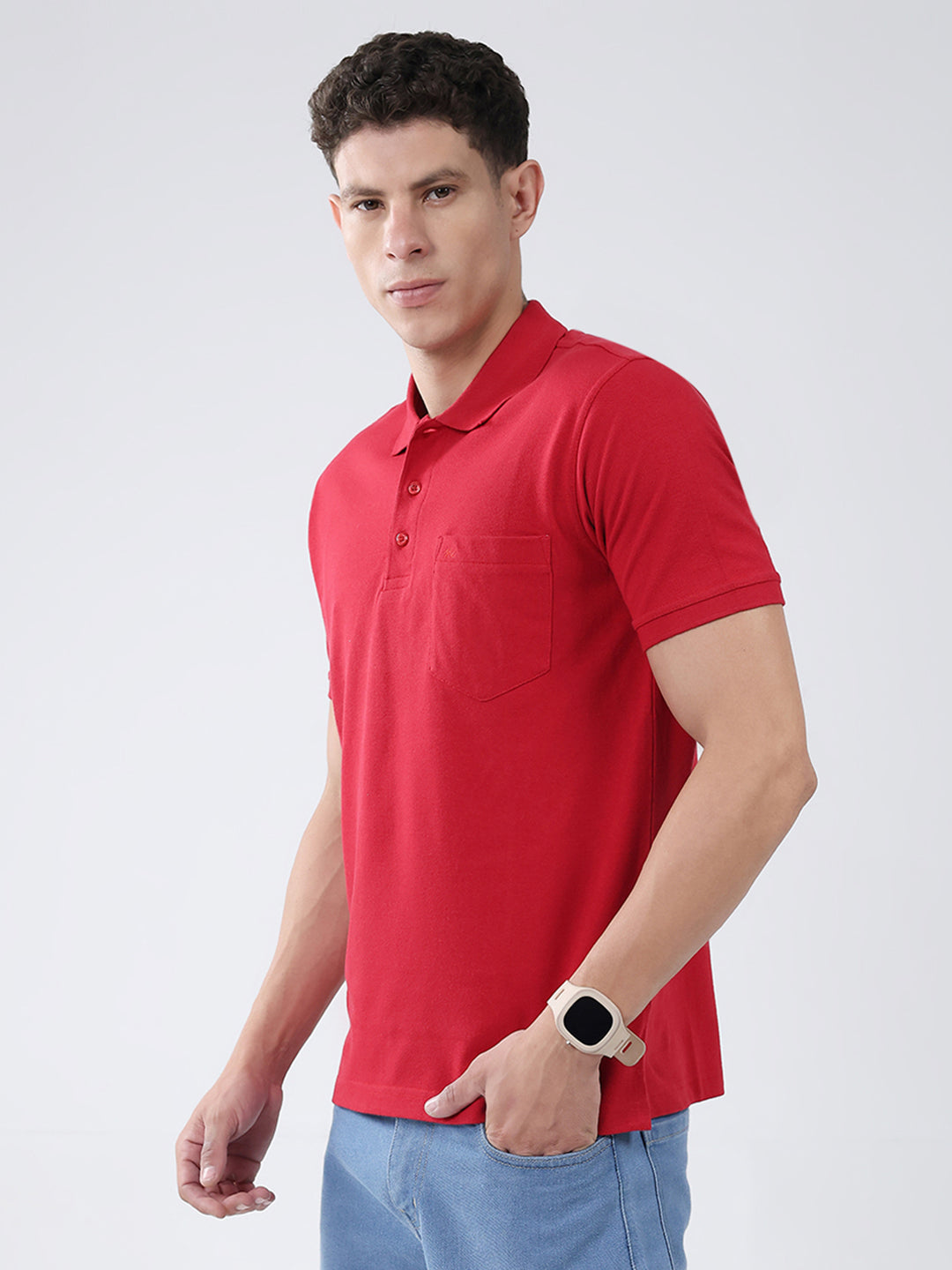 Men Red Solid Collar Half Sleeve T-Shirt