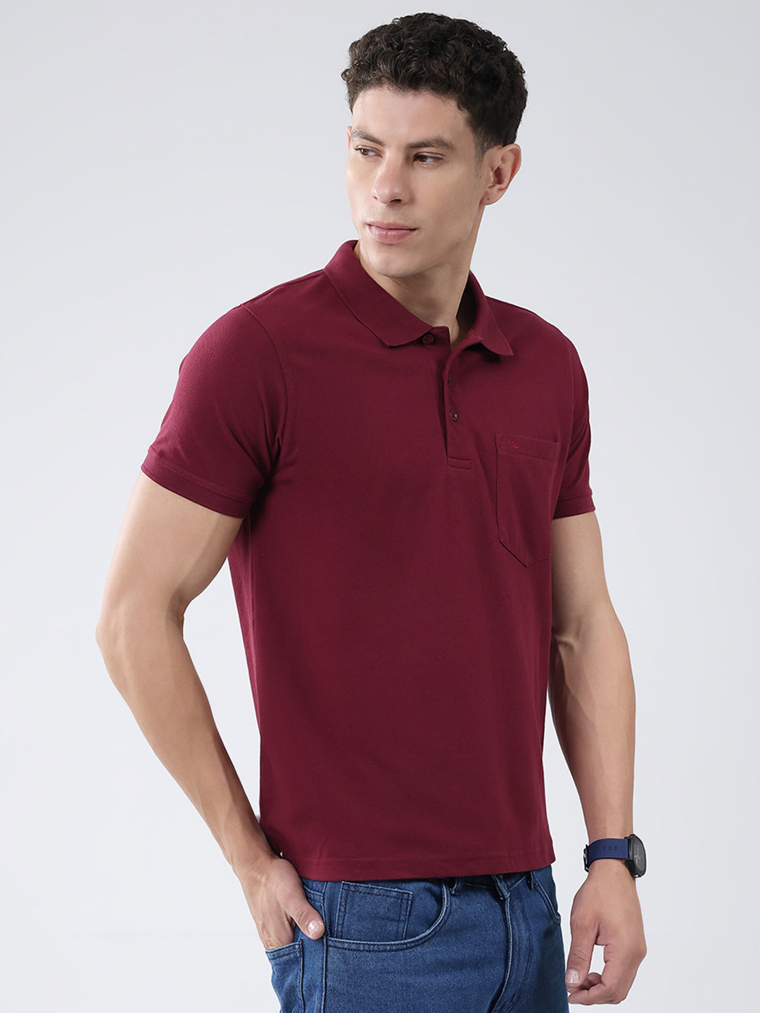 Men Maroon Solid Collar Half Sleeve T-Shirt