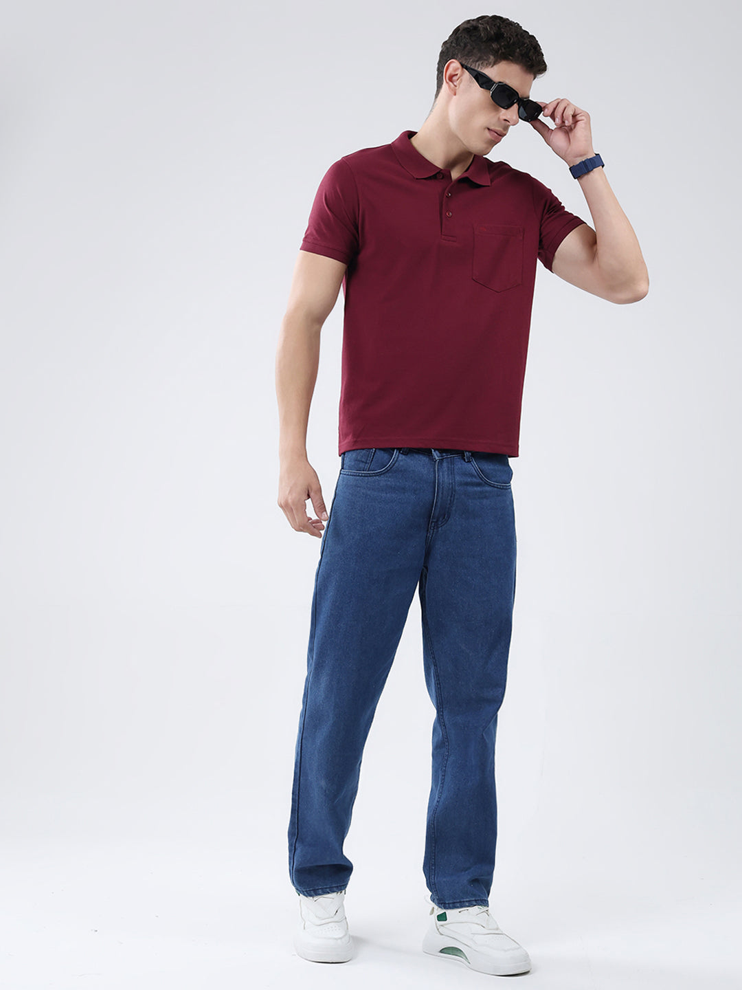 Men Maroon Solid Collar Half Sleeve T-Shirt